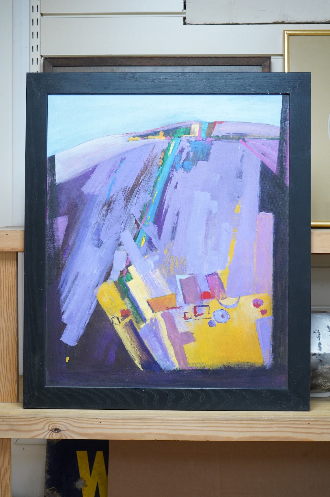 Joy Clephan (contemporary), ‘Lavender Farm’, inscribed verso, abstract acrylic on canvas board, 59 x 49cm